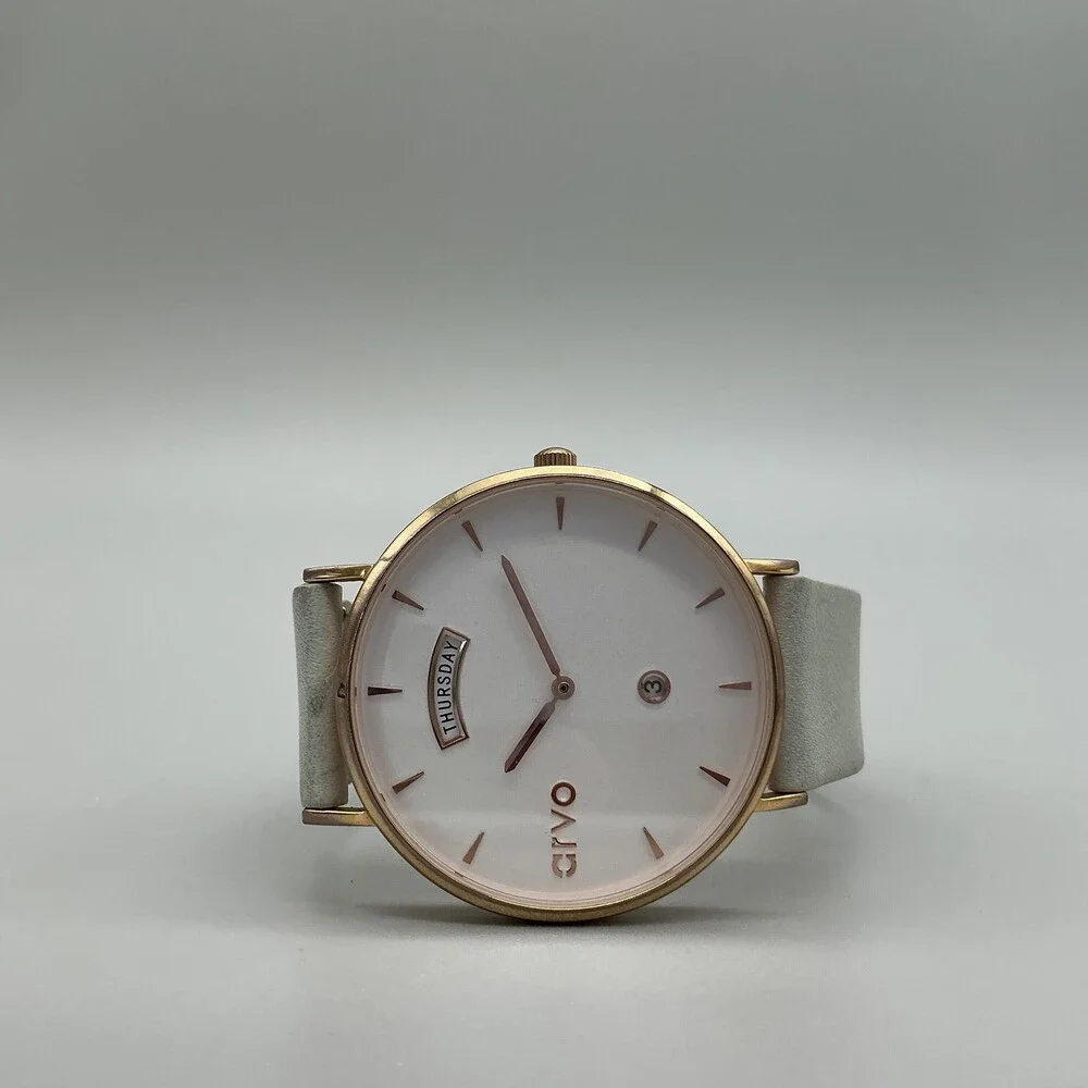 Arvo Mens Watch 40mm White Day Date The Awristacrat Leather Red Gold New Battery